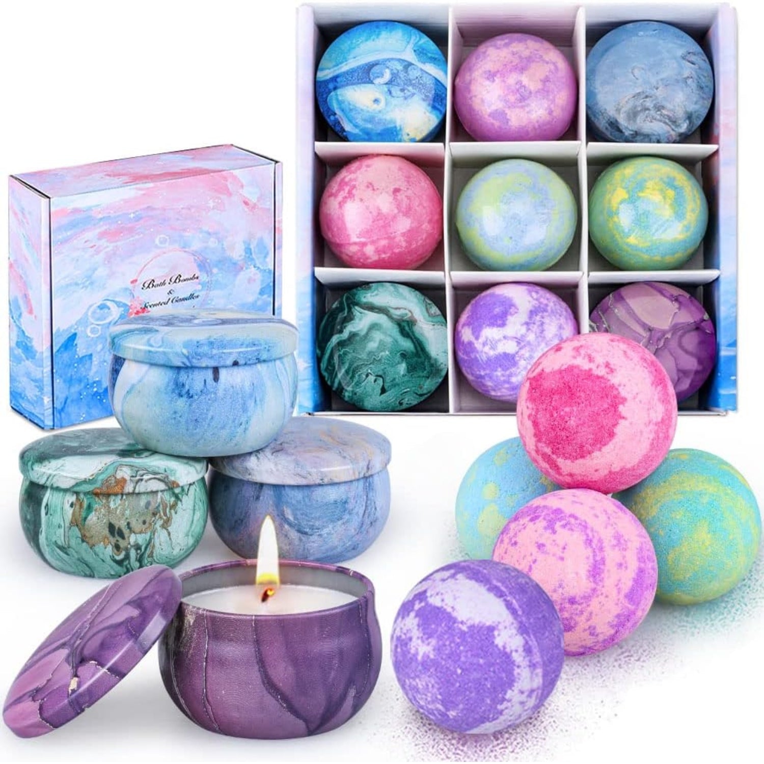 Badebomben und Duftkerzen Geschenkset 5 Badebomben 4 Kerzen