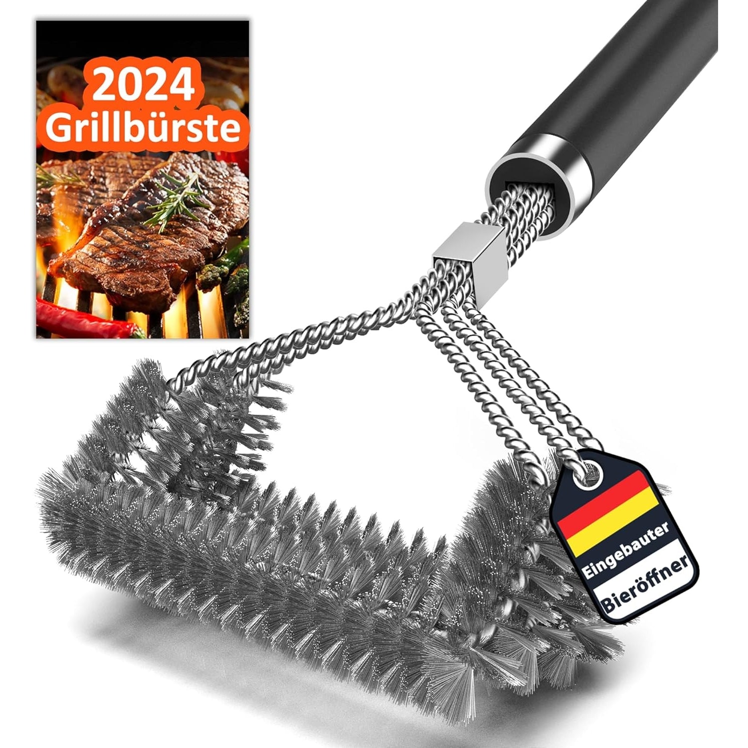Premium Grillbürste langer Stiel Flaschenöffner grillzubehör