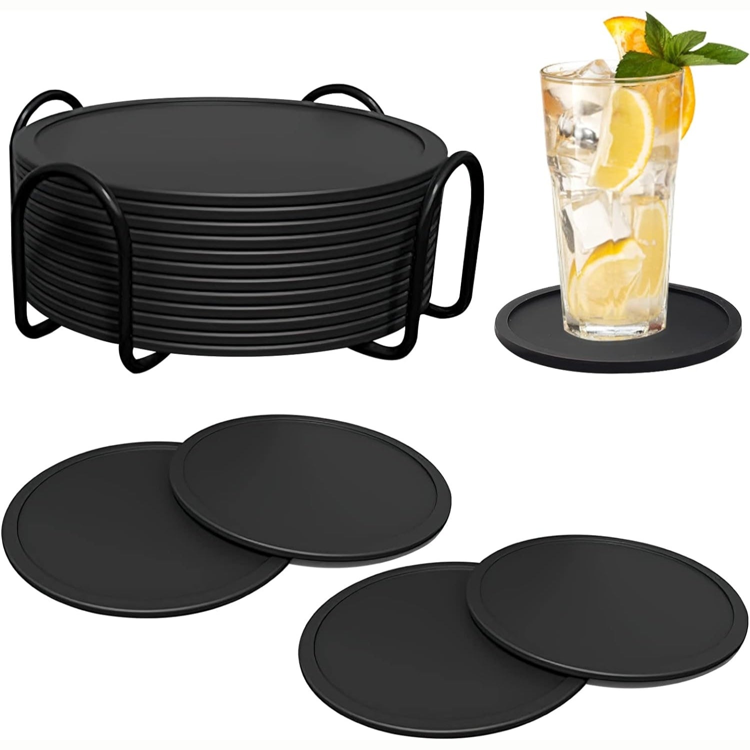 Silikon Glasuntersetzer 12er Dunkelgrau für Bar Tassen Waschbar mit Halter