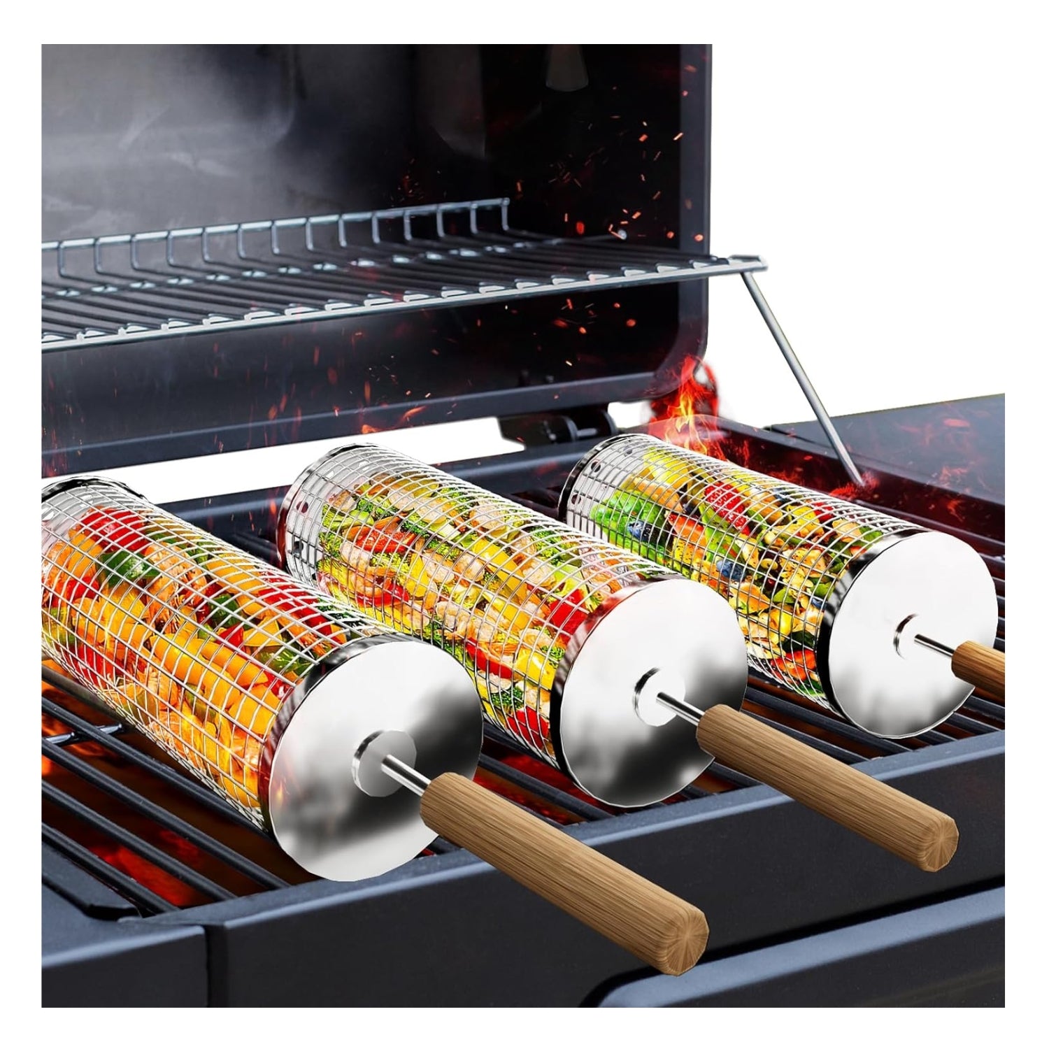 Grillkorb Set 3 Stück mit Holzgriff Grill Zubehör Drehspieß