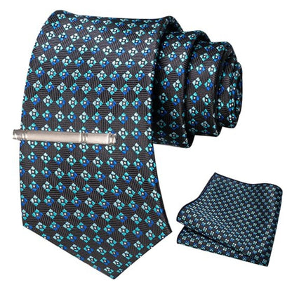 Krawattenset Schwarz Blau für Herren Krawatte, Einstecktuch & Krawattenklammer