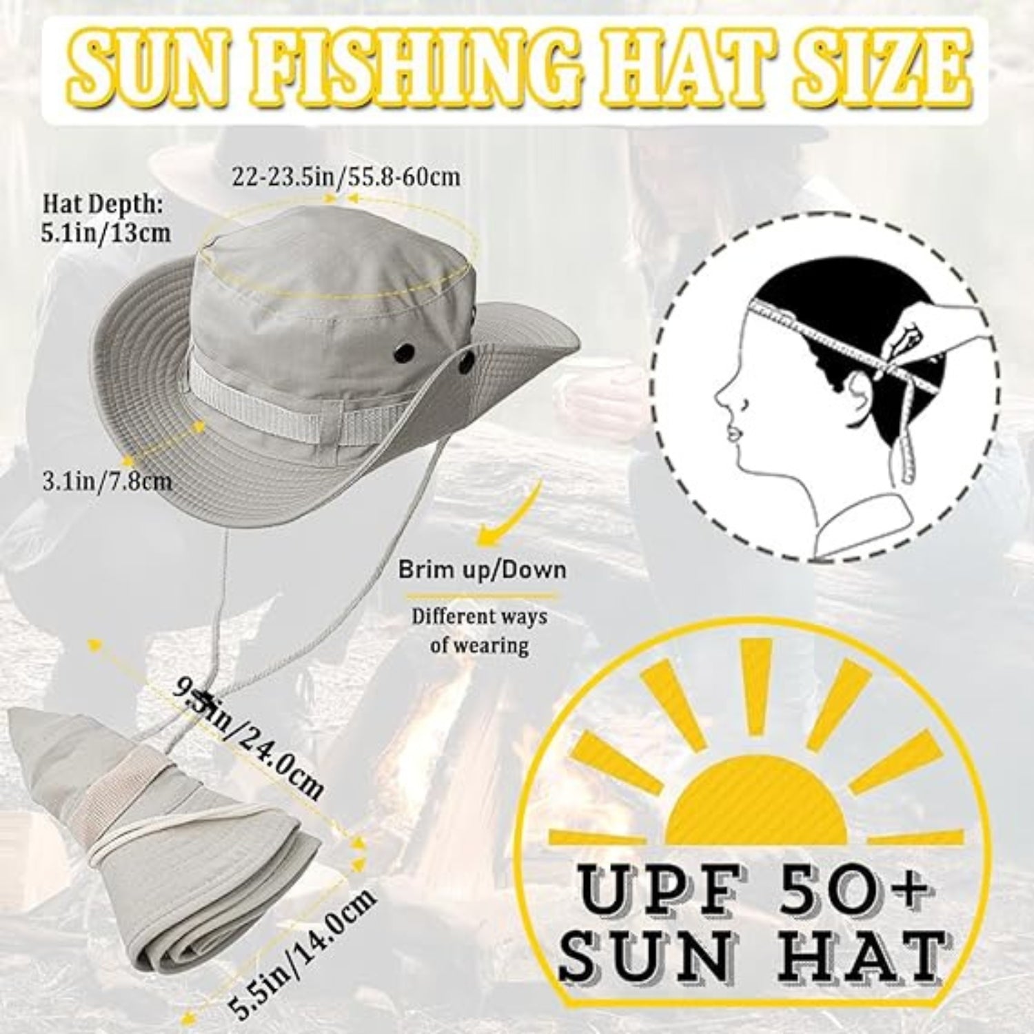 Beige Bucket Boonie Hat Herren Damen, UV-Schutz, Atmungsaktiv, Verstellbar Anglerhut