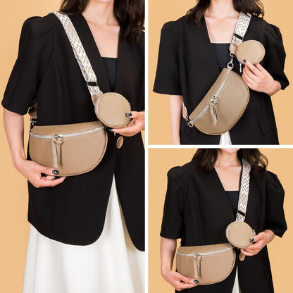 Damen Crossbody Umhängetasche Echtes Leder Khaki Breiter Gurt Kartenhalter