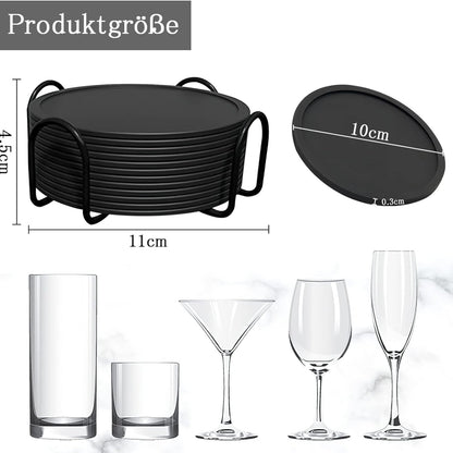 Dunkelgraue Silikon Untersetzer 12er Set für Getränke Tassen Schutz mit Halter