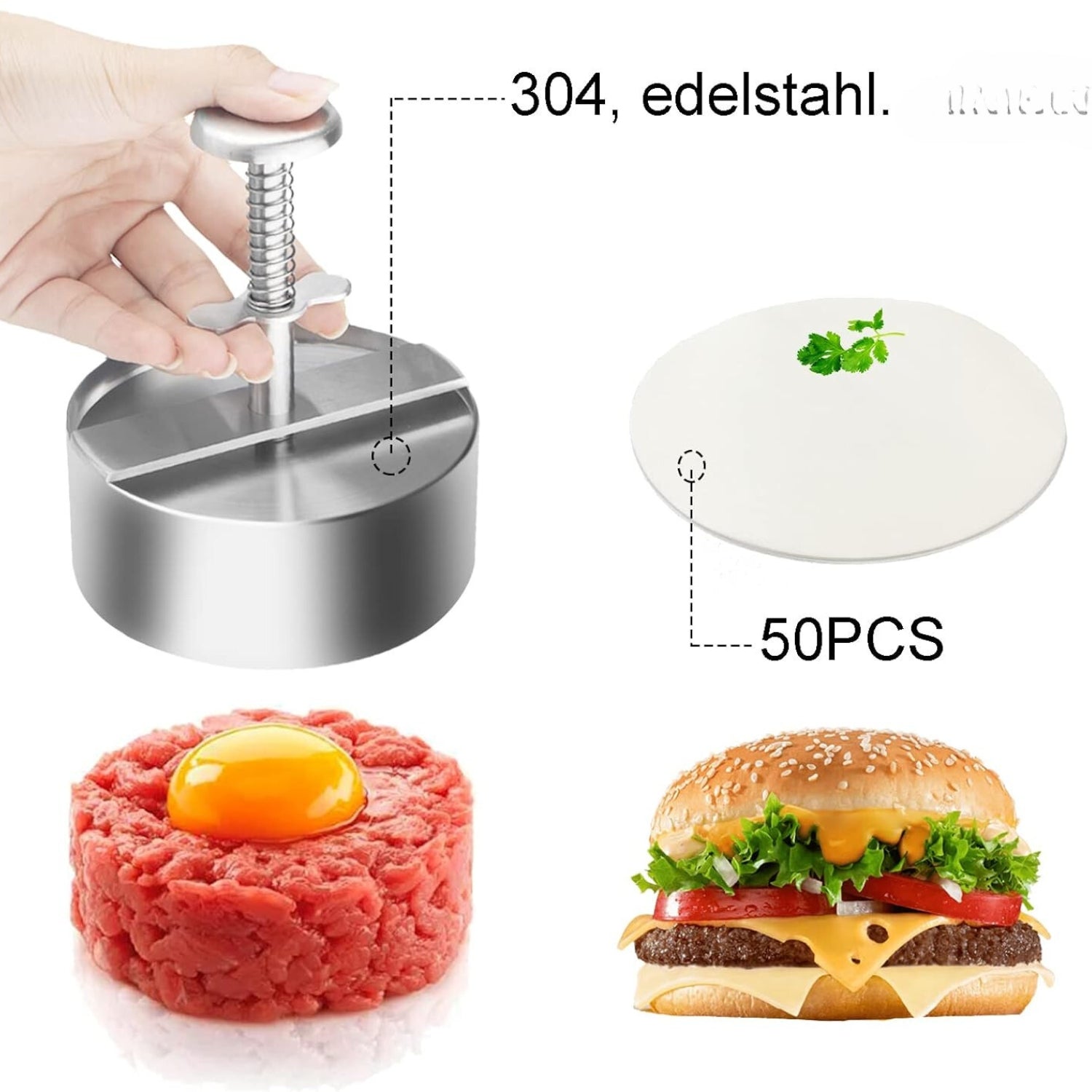Edelstahl Burgerpresse Burger Pattie Presse +50 Wachspapier