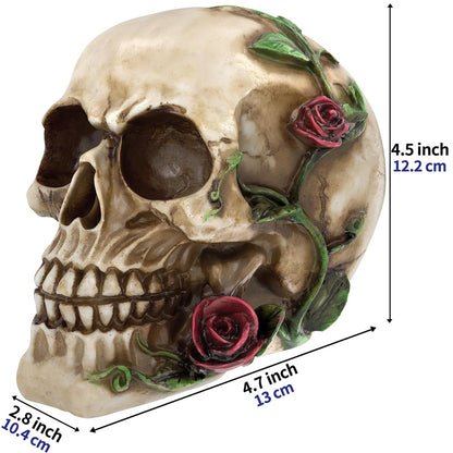 Naturharz Schädel Modell Lebensgröße mit Rosen Design für Halloween Party Deko
