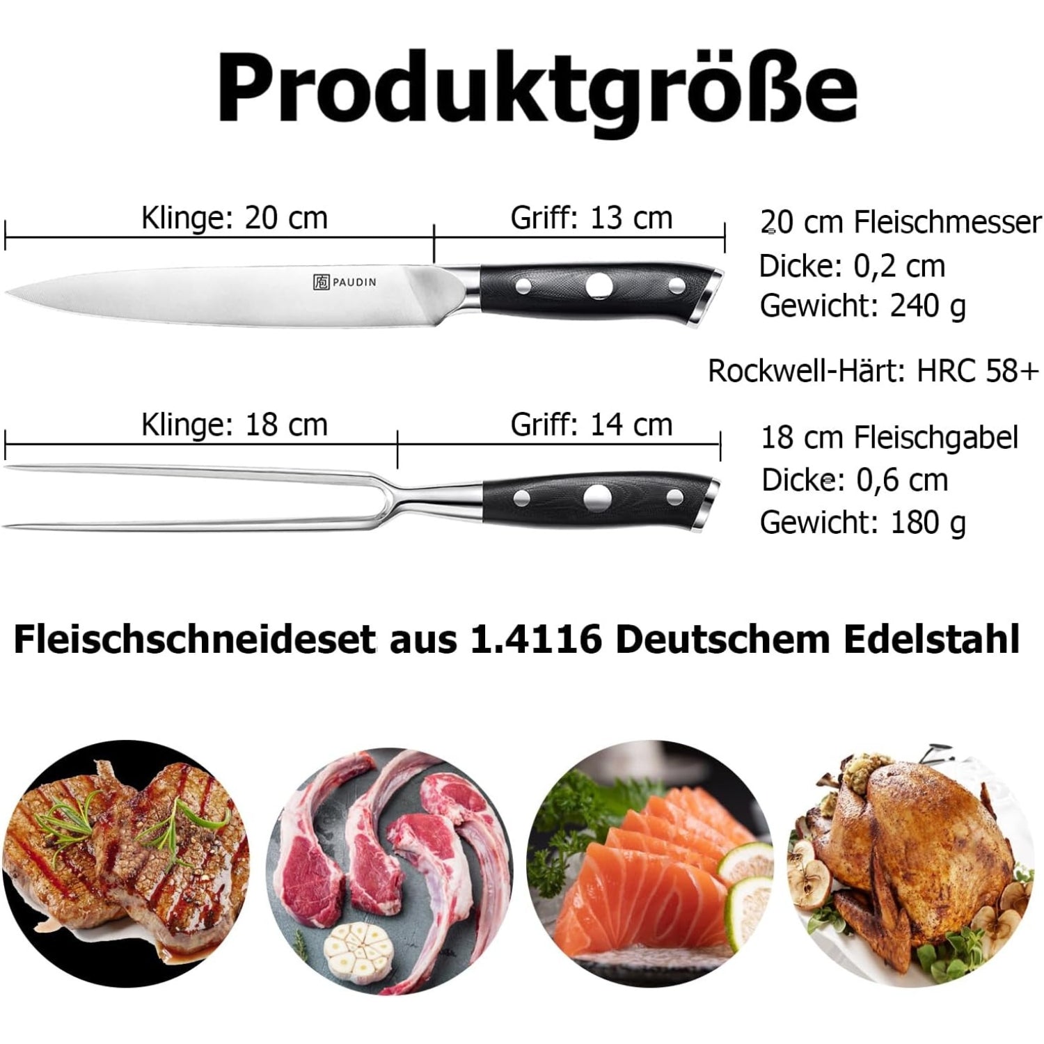 Messerset mit Fleischmesser 20 cm Fleischgabel 18 cm