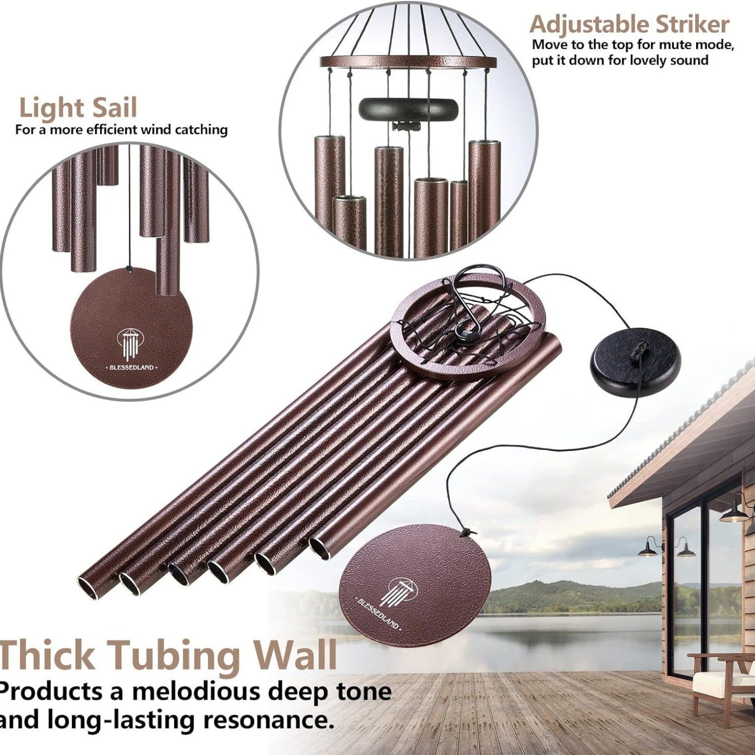 Windspiel Premium Tiefe Töne 6 Metallrohre Outdoor Garten Patio Haus Dekor