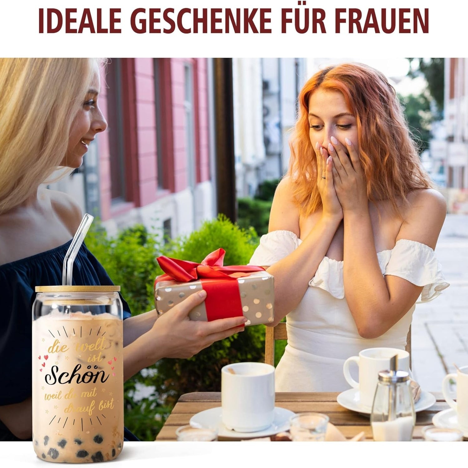 Frauengeschenk Trinkglas 500ml - Mit Strohhalm & Deckel