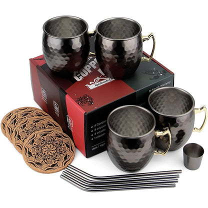 Schwarze Moscow Mule Becher Set mit Untersetzer Strohhalme Geburtstagsgeschenke