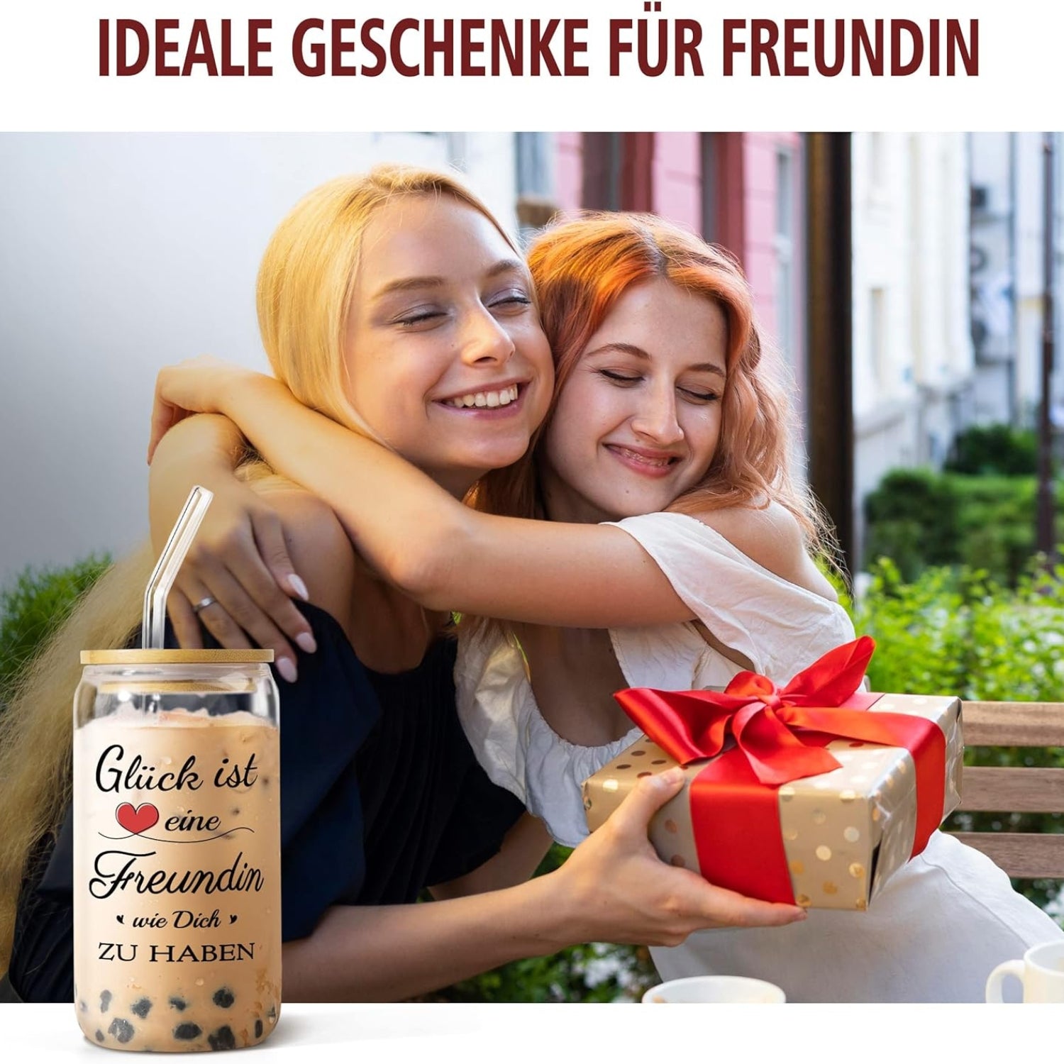 Bubbleteam Trinkglas 500ml mit Deckel Strohhalm Geschenk