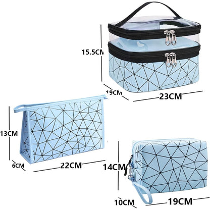 Blau Transparentes Kosmetiktaschen 3er Set Doppellagig Rautenmuster Unisex
