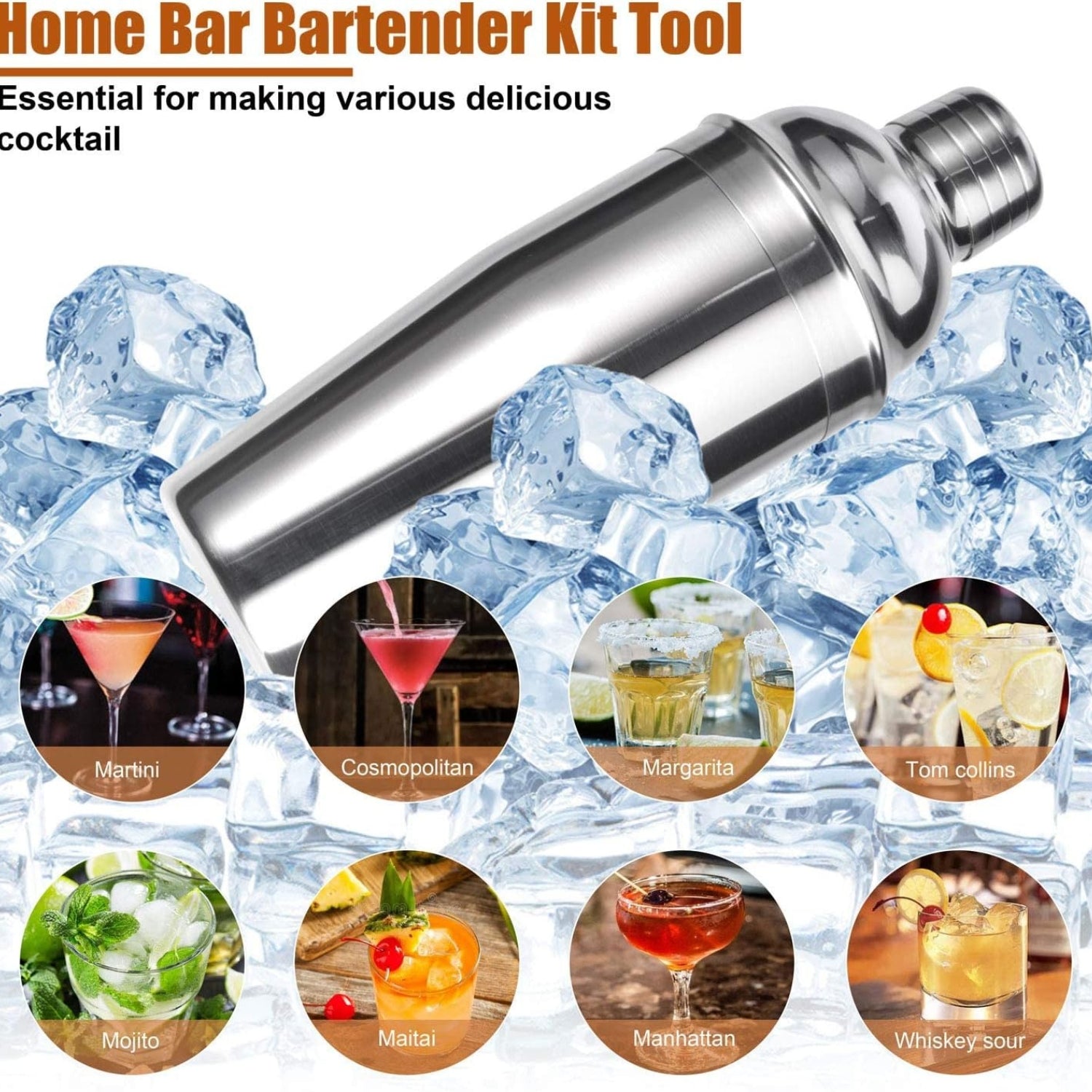 Cocktail Shaker 750ML Set 12tlg Bar Zubehör Edelstahl mit Bambusständer Silber