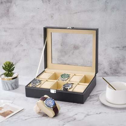 10 Uhren Box PU-Leder Glasdeckel Samtfütterung Schwarz 25cm Ideal für Sammler