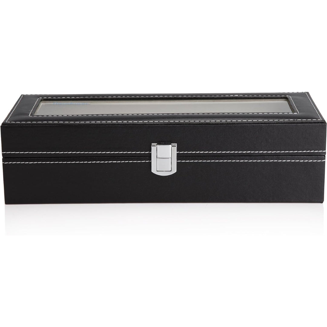 Schwarze Uhrenbox 6 Fächer PU-Leder Glasdeckel Samtfütterung 30x10cm