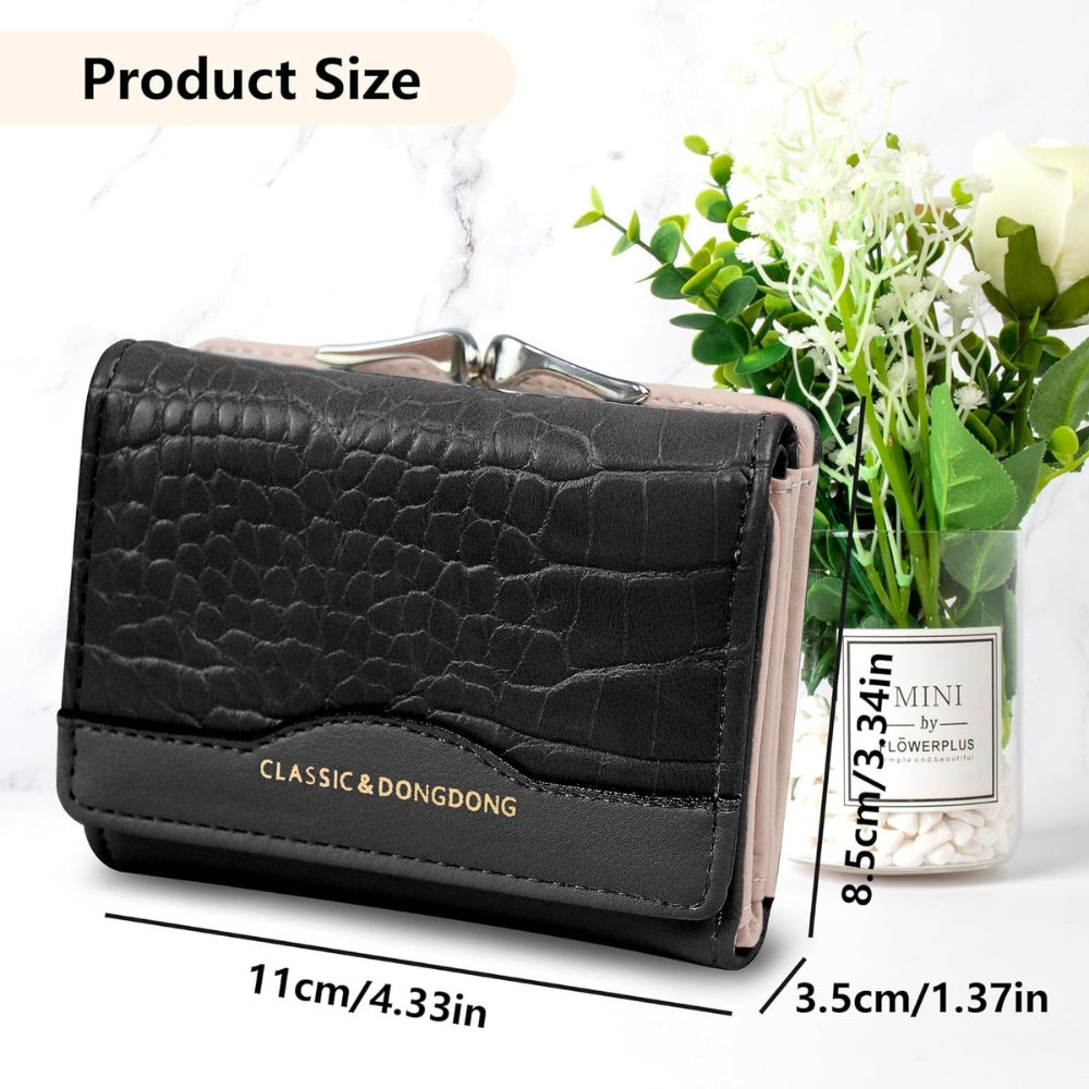 Schwarz Pink Damen Portemonnaie PU Leder Krokodildruck Münzfach Dreifach Faltbar