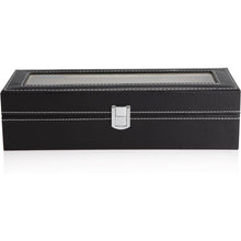 Schwarze Uhrenbox 6 Fächer PU-Leder Glasdeckel Samtfütterung 30x10cm