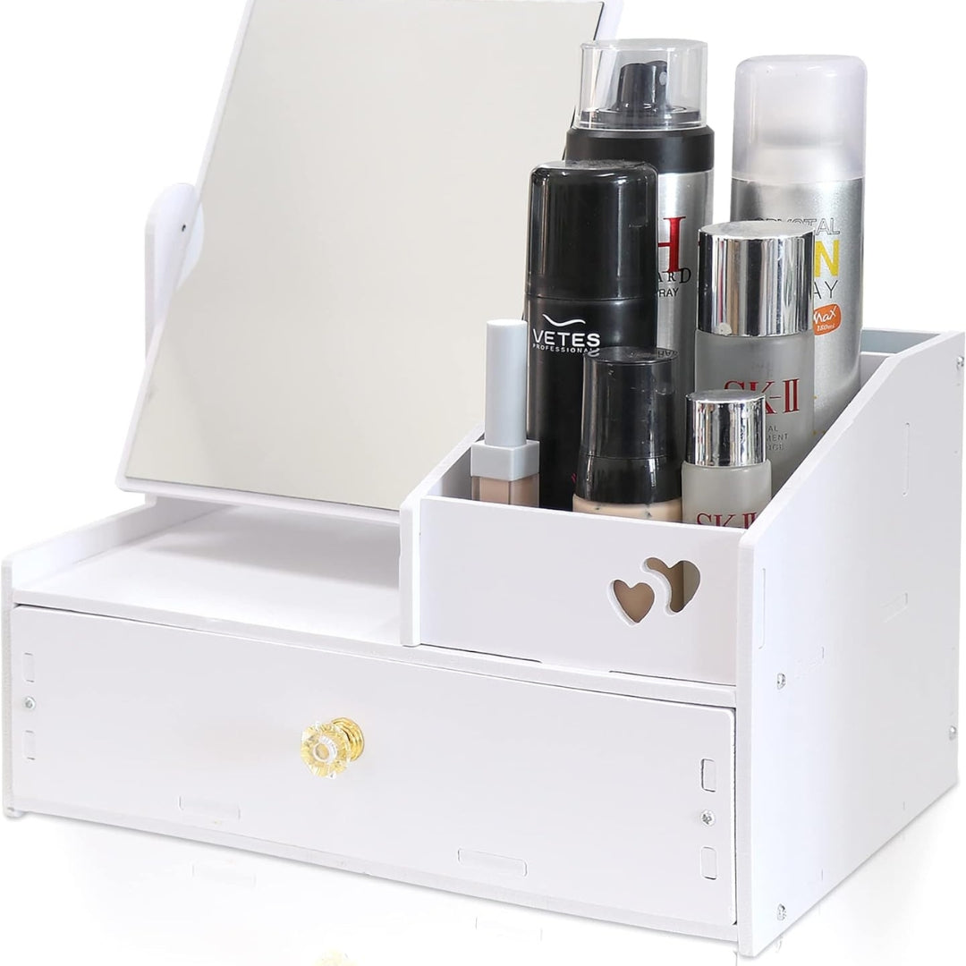 Kosmetik Organizer Weiß mit Viereckigem Drehbarem Spiegel und Schublad