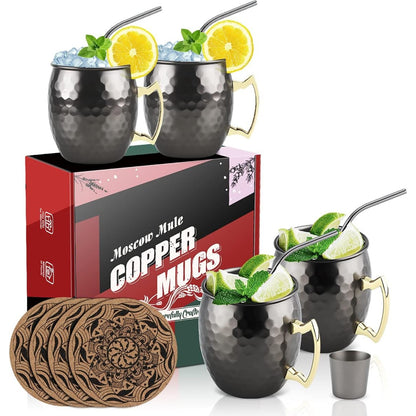 Moscow Mule Becher Kupferbecher Schwarz Geburtstagsgeschenke Set 4 Gläser + Extras
