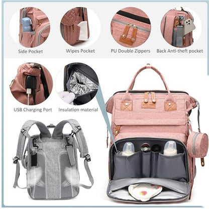 Baby Wickeltasche Rosa mit Klappbett und Wickelauflage USB Port Wasserdicht