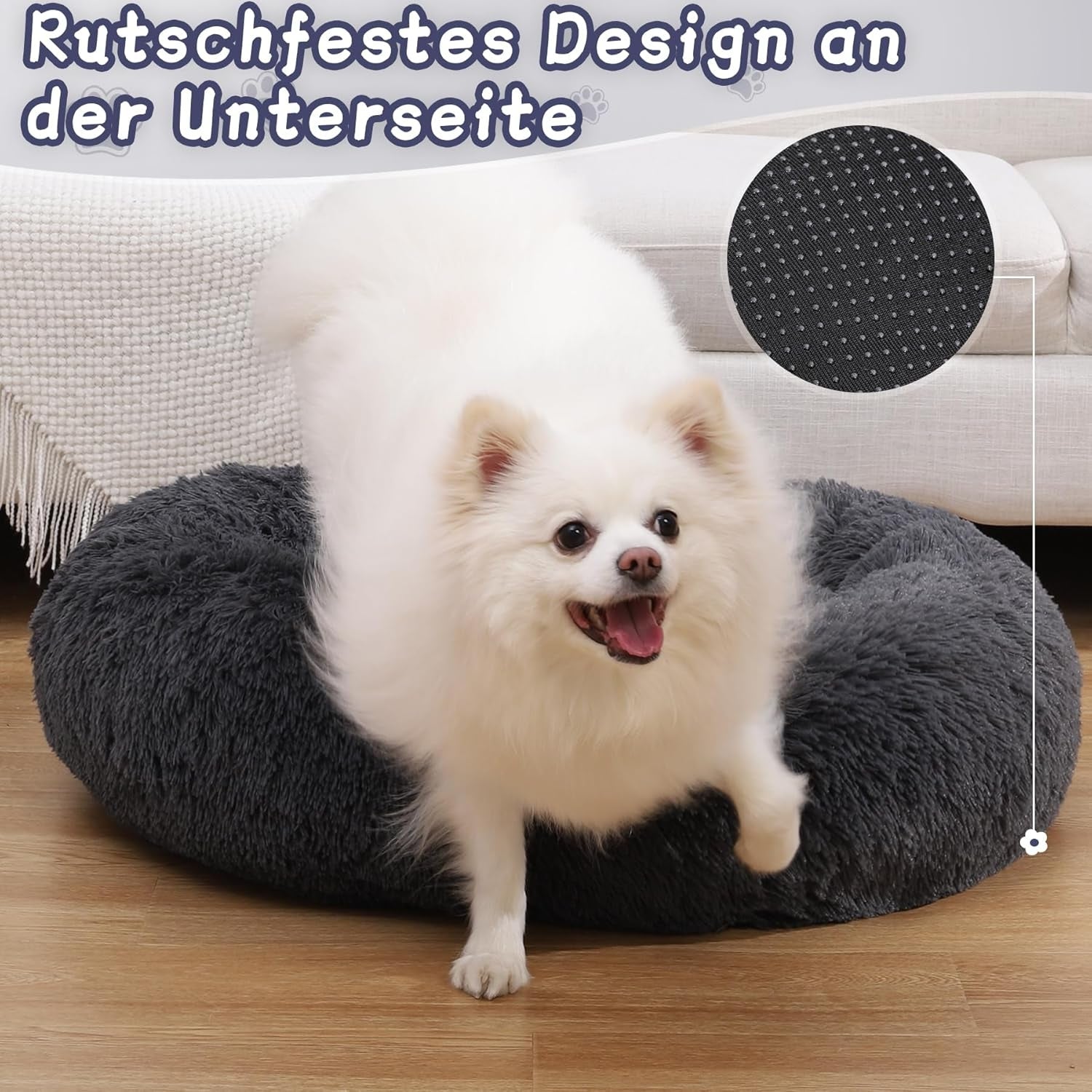 Flauschiges Hundebett Rund Hundekissen waschbar dunkelgrau