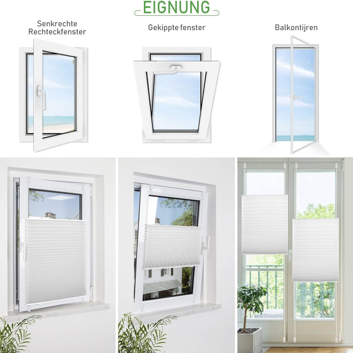 Plissee ohne Bohren Klemmrollos Plissee Rollo 100x100cm Weiß