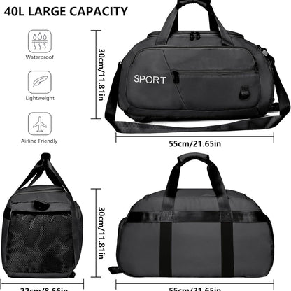 40L Sporttasche Wasserdicht Rucksack Schuhfach Nassfach Schwarz