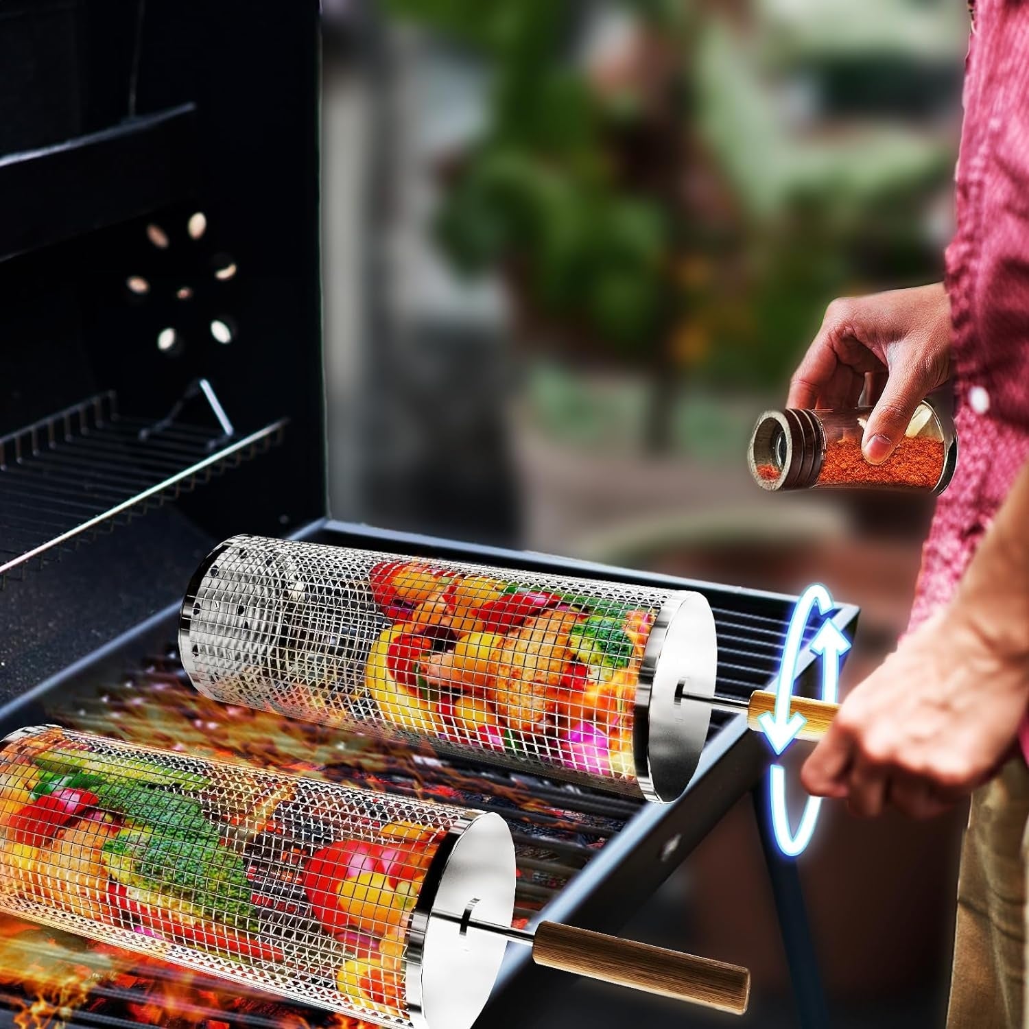 Grillkorb Set Holzgriff 2 Stk 28.5cm Grill Zubehör Drehspieß