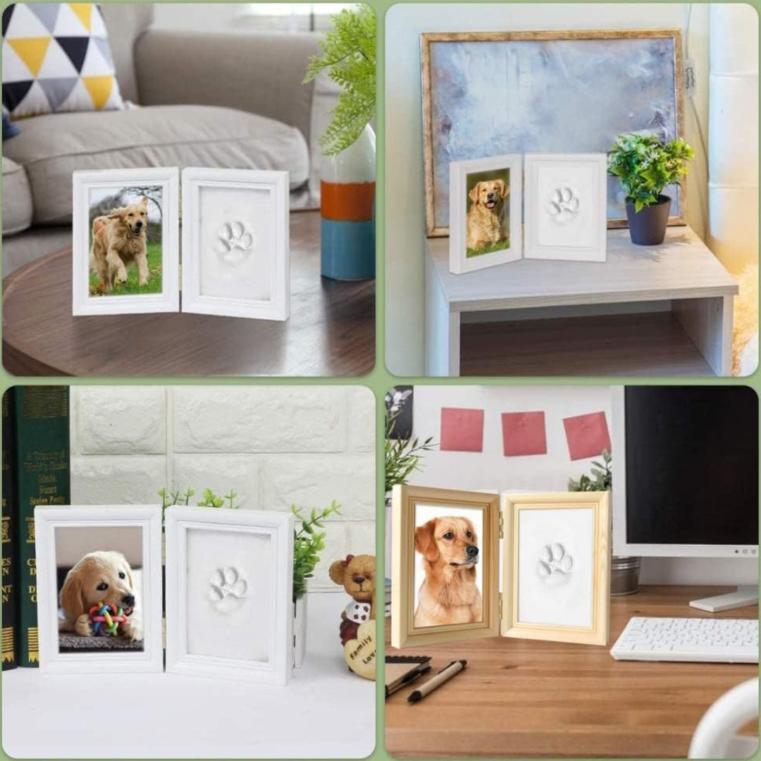 Haustier Pfotenabdruck Set Holz Bilderrahmen 3D Gipsabdruck Wanddekoration Weiß