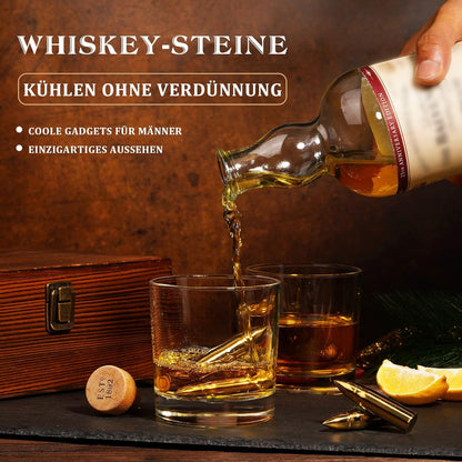Whiskey Steine Set aus Edelstahl Goldene Patronen Geschenke für Männer Whiskeyglas