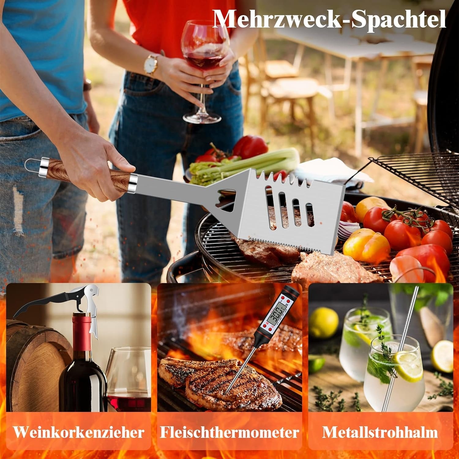 Hochwertiges Grillbesteckset aus Edelstahl 38 teilig Geschenk für Männer Grillzubehör