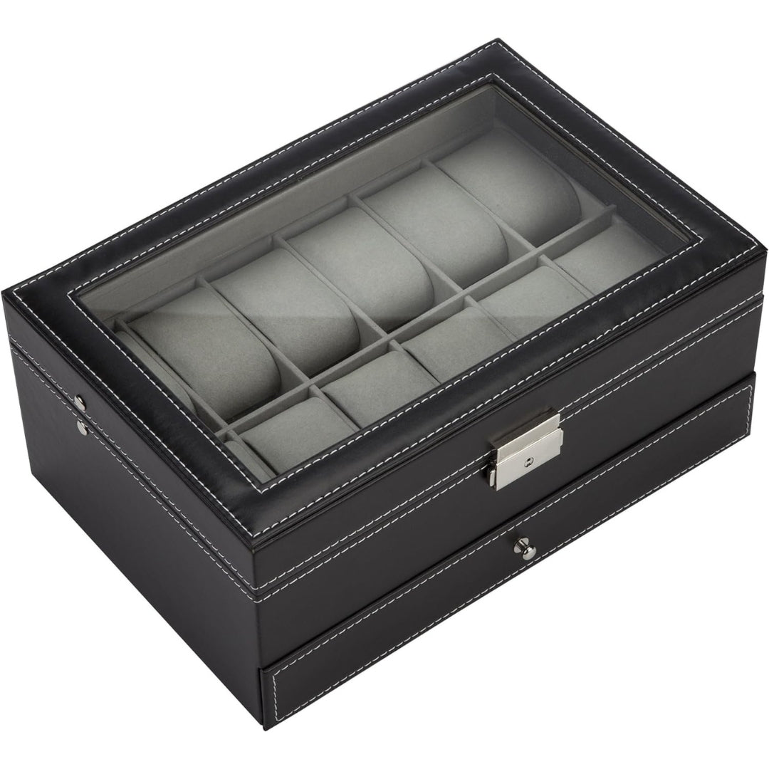 2 Schichten XL Uhrenbox für 12 Uhren PU-Leder Glasdeckel Schmuckkästchen