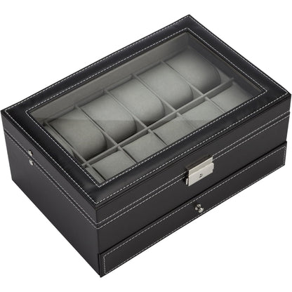 2 Schichten XL Uhrenbox für 12 Uhren PU-Leder Glasdeckel Schmuckkästchen