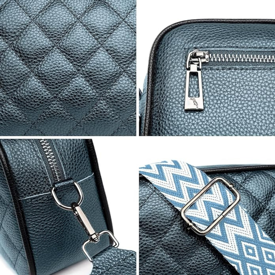Umhängetasche Damen Echt Leder Blau Kleine Crossbody Breiter Gurt