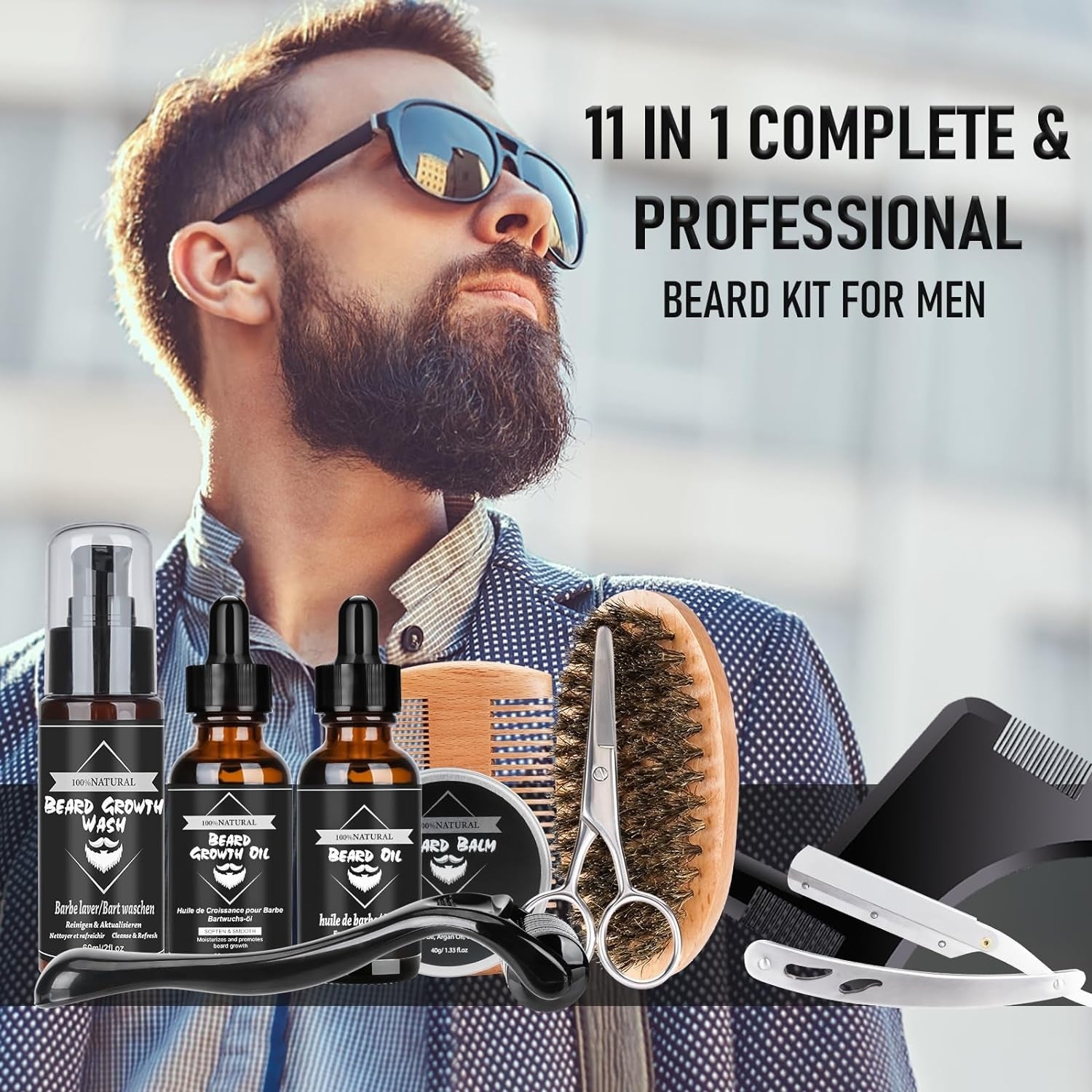 Bartwachstumsset 11 in 1 Männer Geschenke Shampoo Öl Balsam Schere Bartpflege set