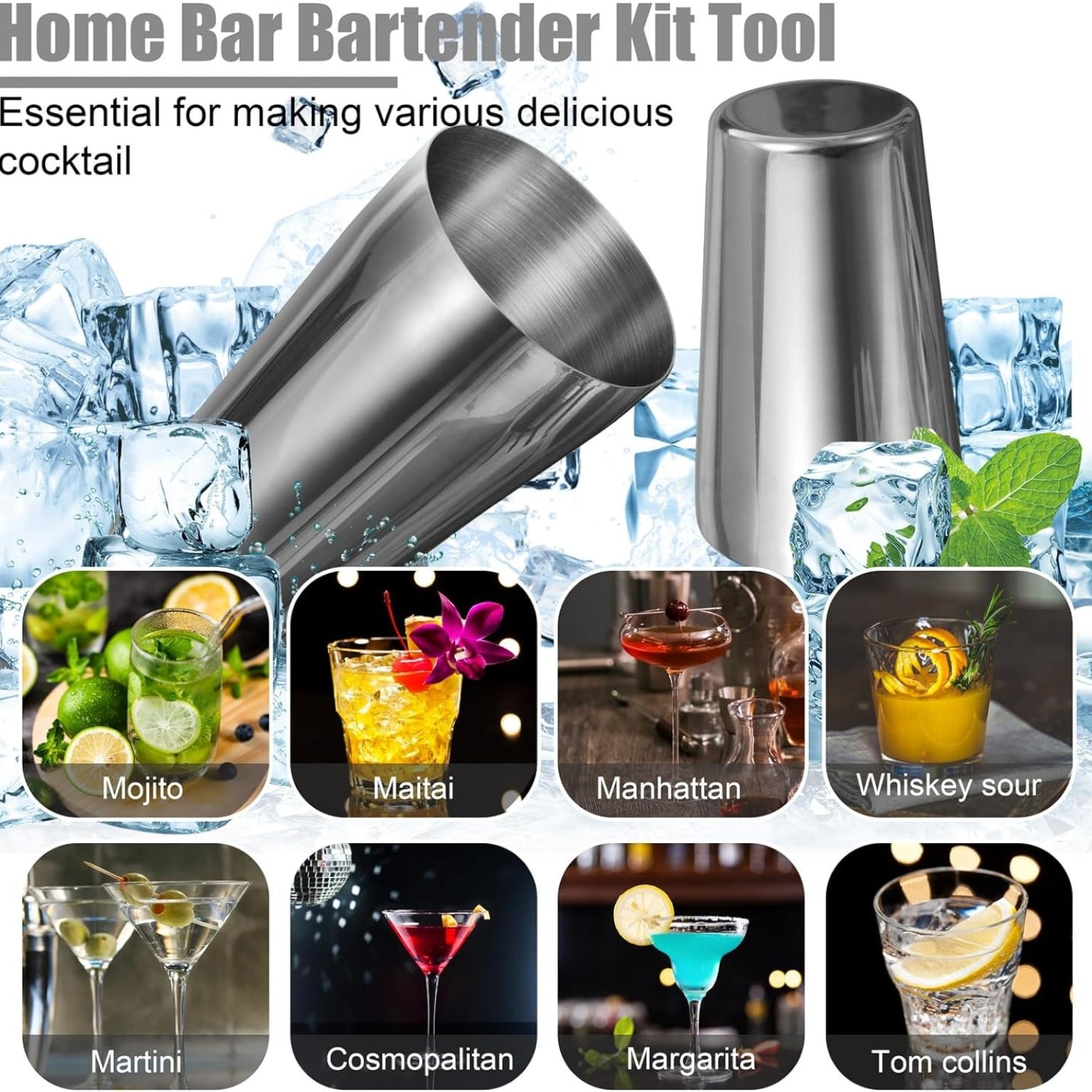 Cocktail Shaker Set Silber 550ML/750ML 12-Teilig Edelstahl Barkeeper Kit