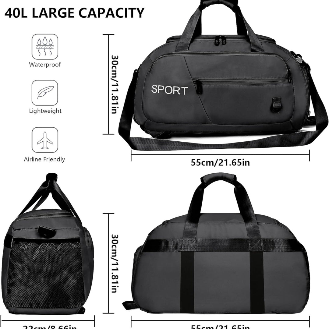 40L Sporttasche Wasserdicht Rucksack Schuhfach Nassfach Schwarz