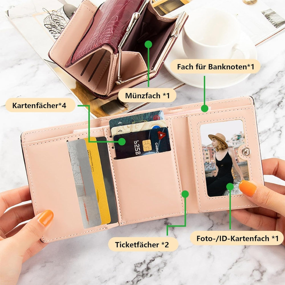 Damen Geldbörse PU Krokodildruck Rosa 3-Fach Falt Münzfach