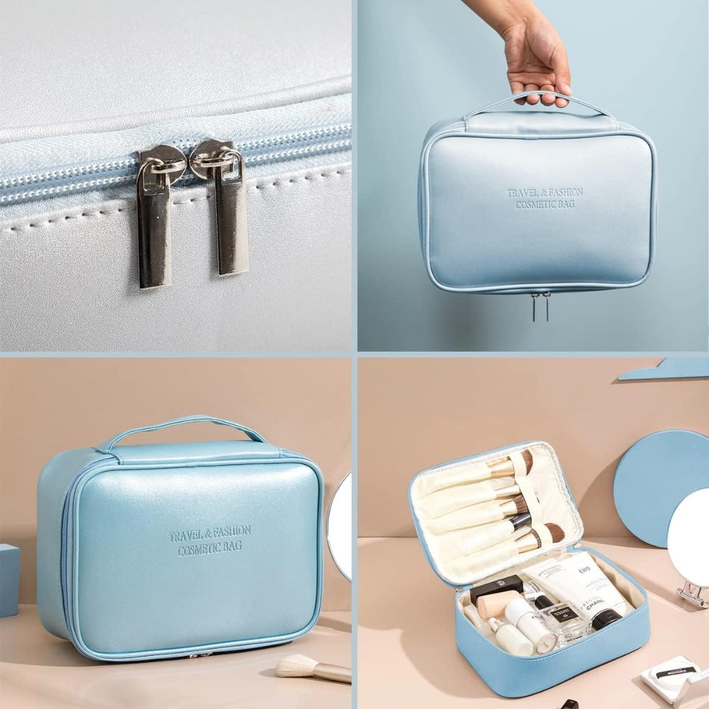 3x Kosmetiktasche Set Blau PU Wasserdicht 1 Großer 2 Kleine Kulturbeutel