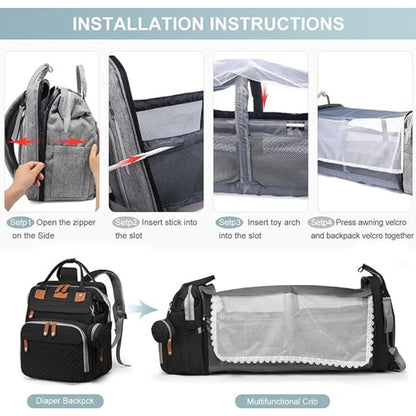 Baby Wickeltasche Schwarz mit Klappbett und Wickelauflage USB Port Wasserdicht