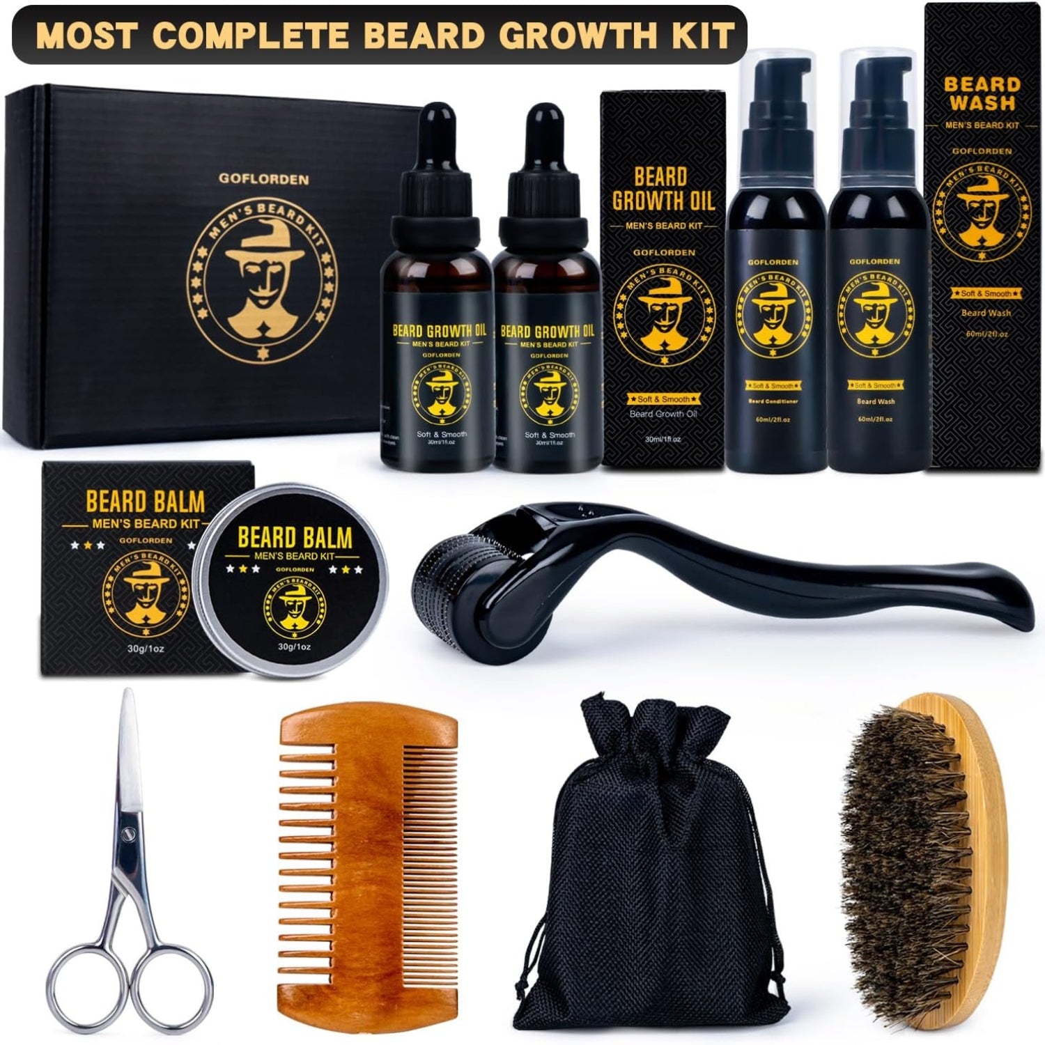 Bartwuchsset mit Bartroller Komplettset für Männer Bartöl Shampoo Balsam Bürste