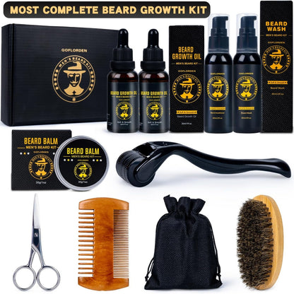 Bartwuchsset mit Bartroller Komplettset für Männer Bartöl Shampoo Balsam Bürste