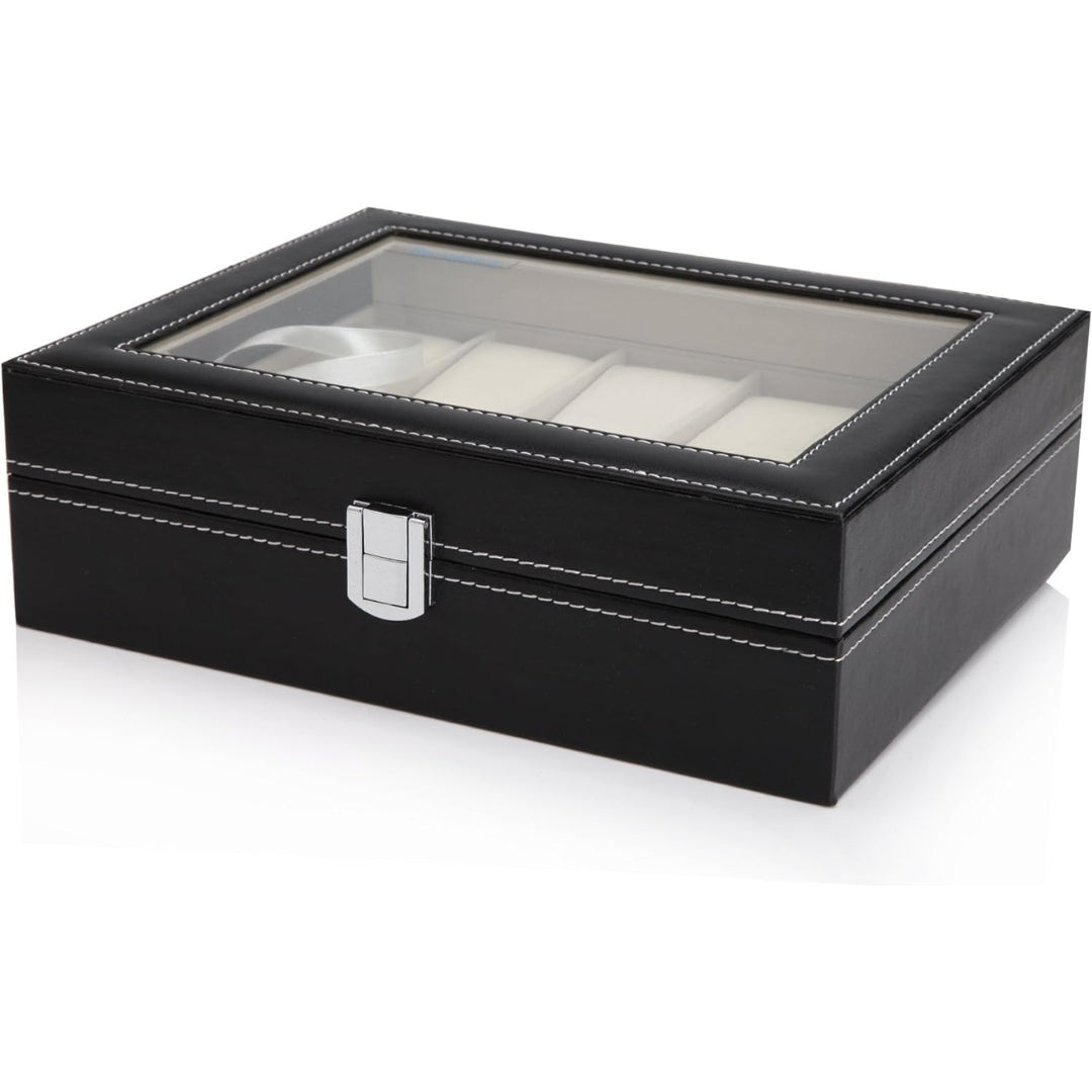 Uhrenbox Schwarz PU-Leder Glasdeckel für 10 Uhren Samtfütterung 25x20x8 cm