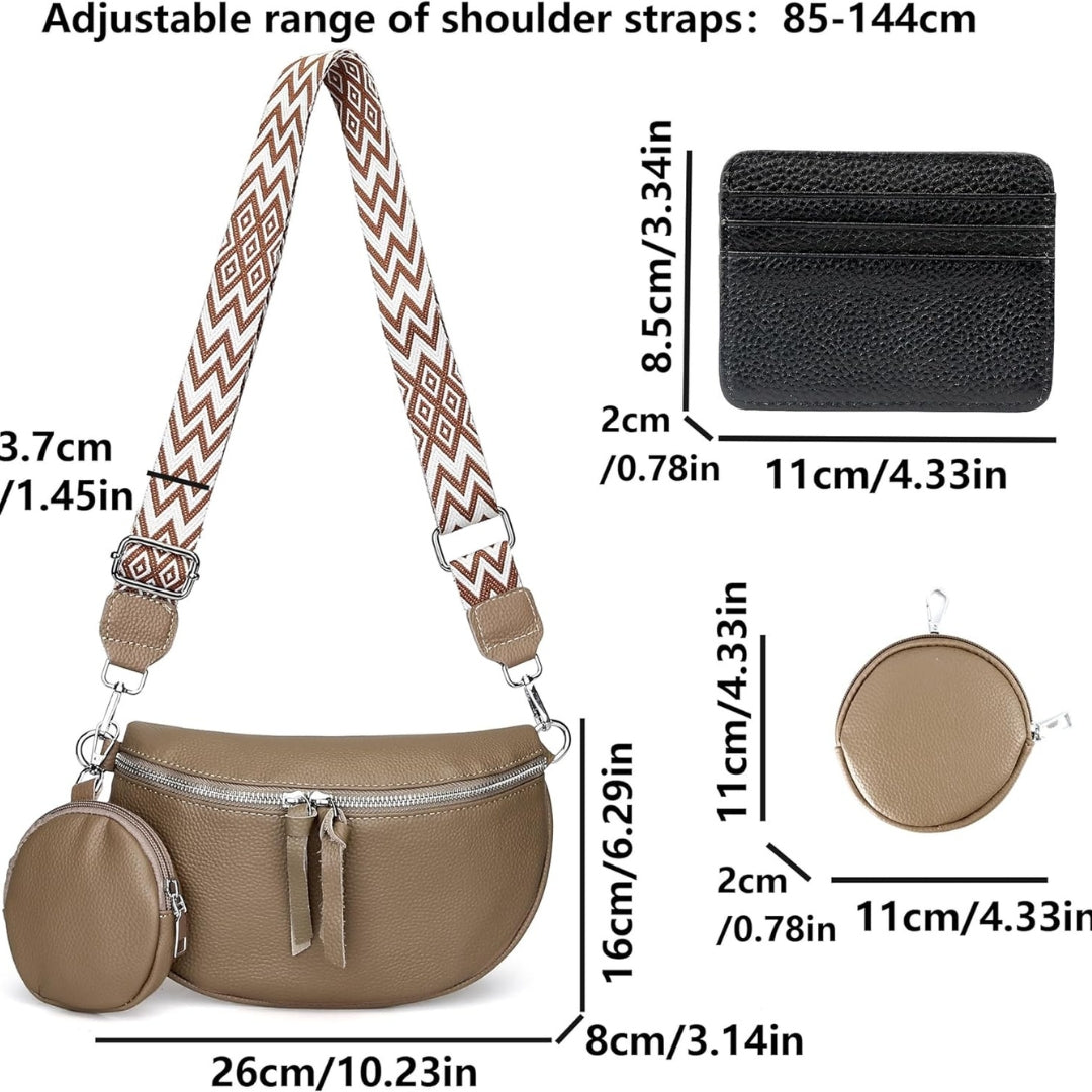 Damen Umhängetasche Echtes Leder Khaki Crossbody Bag Breiter Gurt mit Münzbeutel