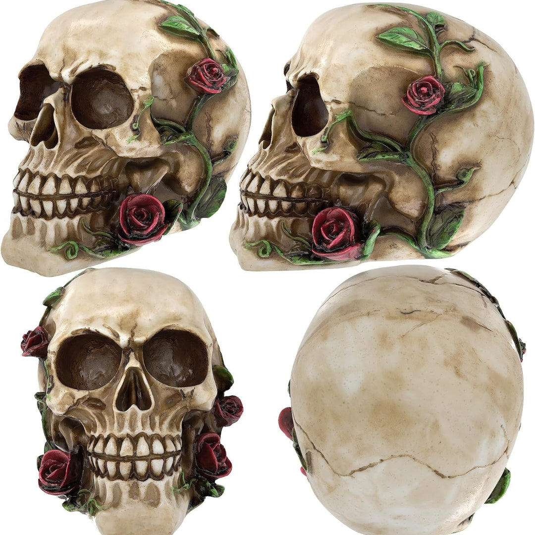 Menschlicher Schädel Lebensgröße mit Rosen Naturharz Modell Halloween Deko