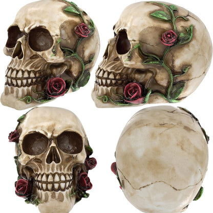 Menschlicher Schädel Lebensgröße mit Rosen Naturharz Modell Halloween Deko
