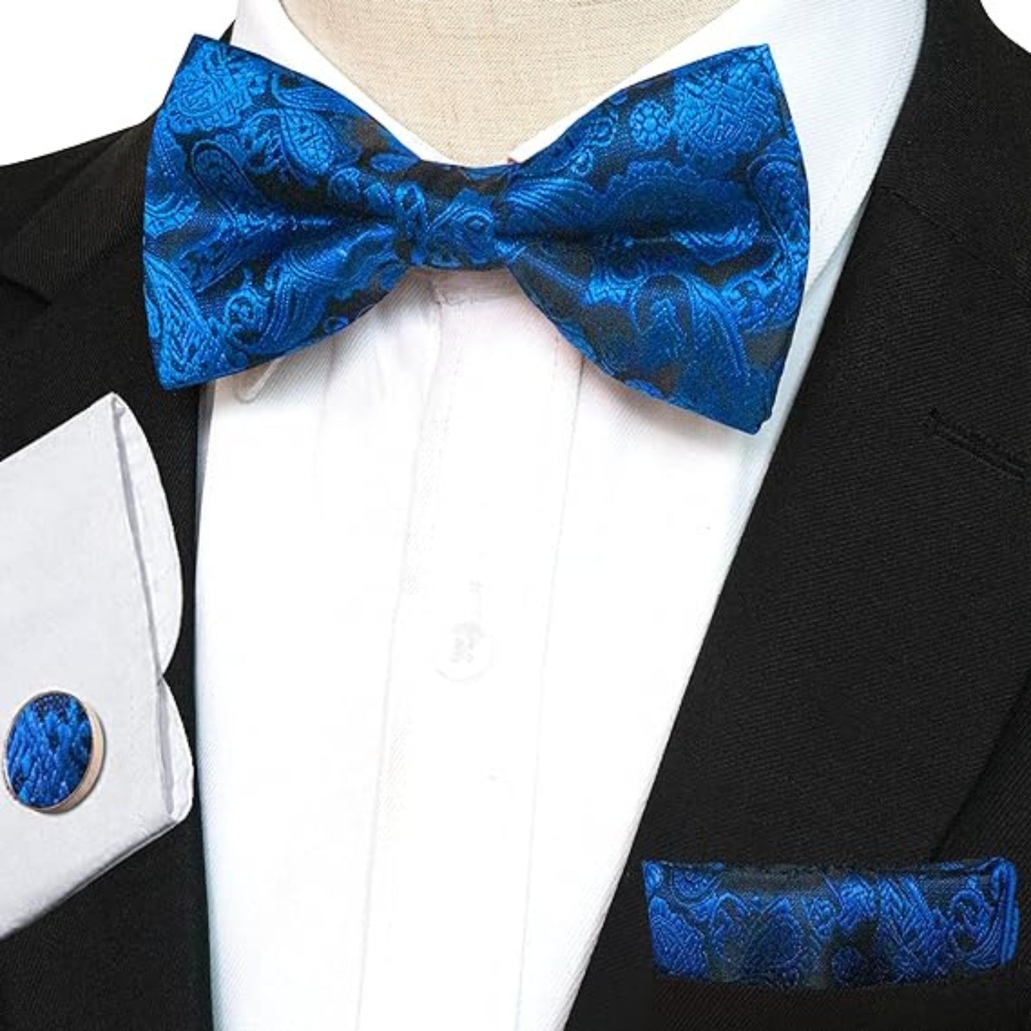 Paisley Krawattenset Geschenk für Männer Krawatte Blau Schwarz Fliege Manschetenknopf
