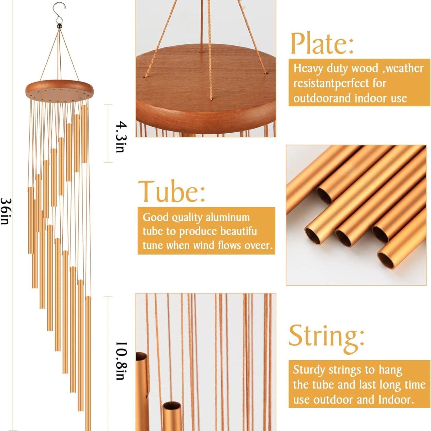 Garten Windspiel Hängend 12 Aluminiumrohre Kiefernholz Harmonische Töne Dekor