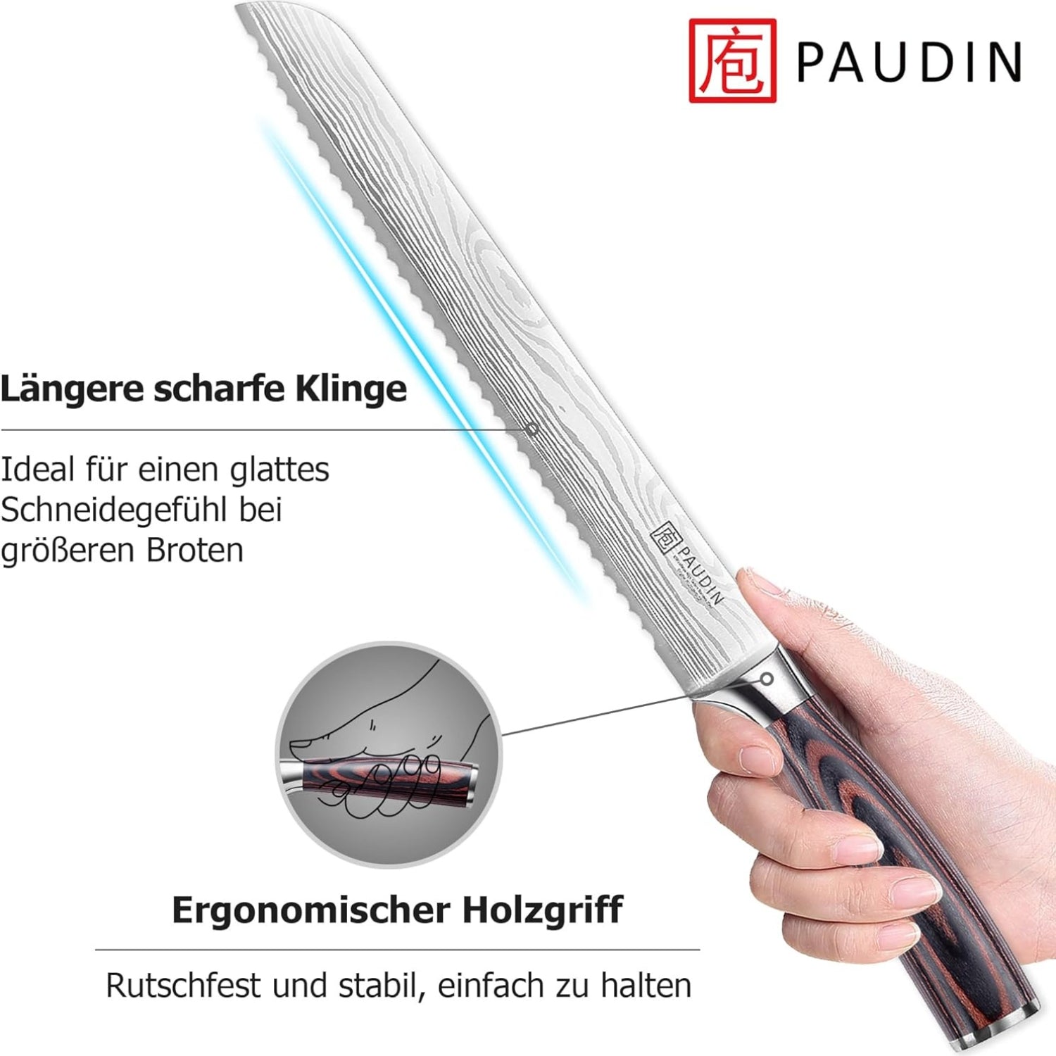 Langes Brotmesser 26 cm Küchenmesser mit Pakkaholzgriff