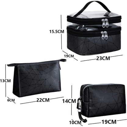 3 Stk Kosmetiktasche Transparent Schwarz Doppellagig Groß Klein Set